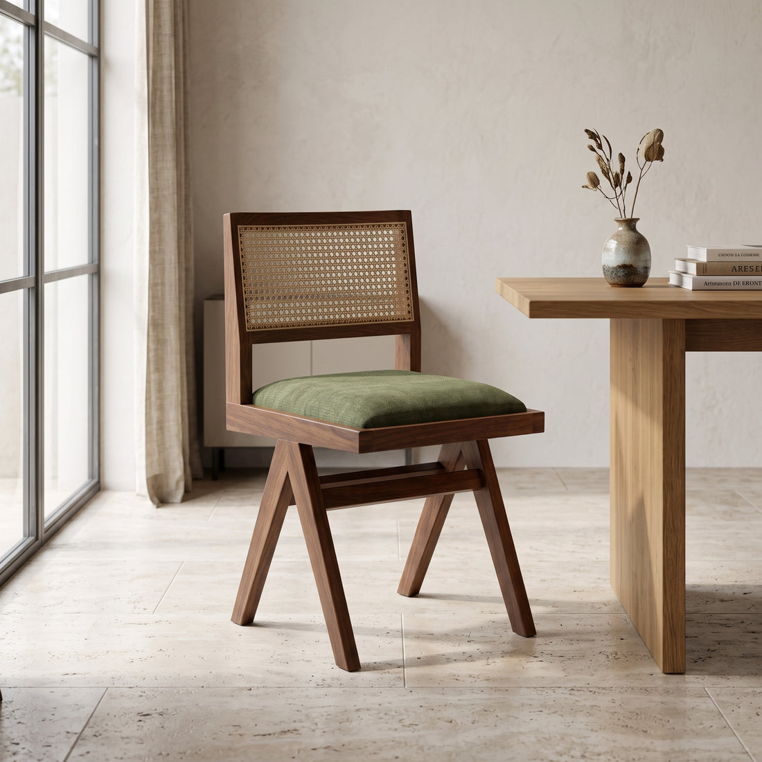  Walnut Cane Olive Green Chair