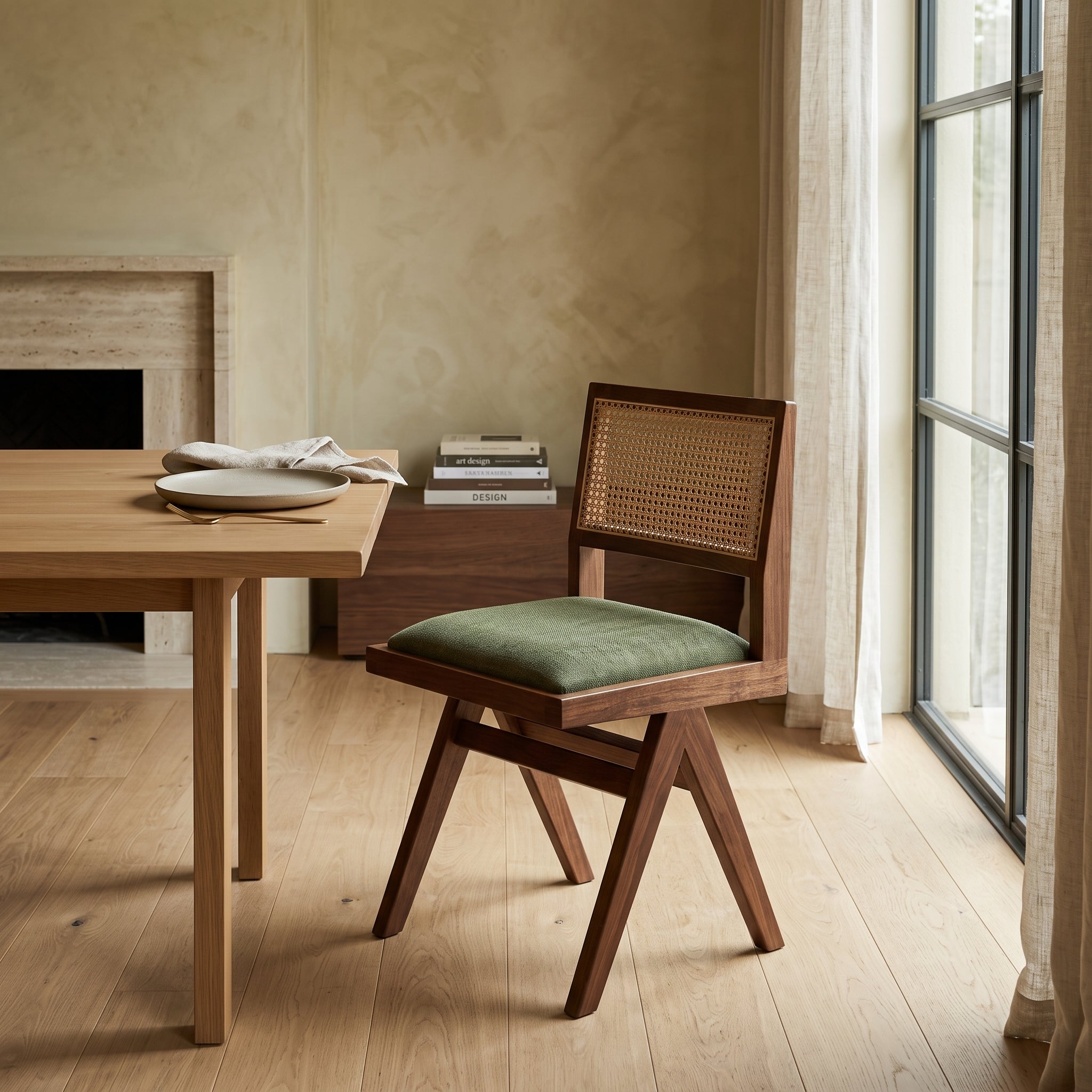 Moroccan Walnut Cane Olive Green Chair