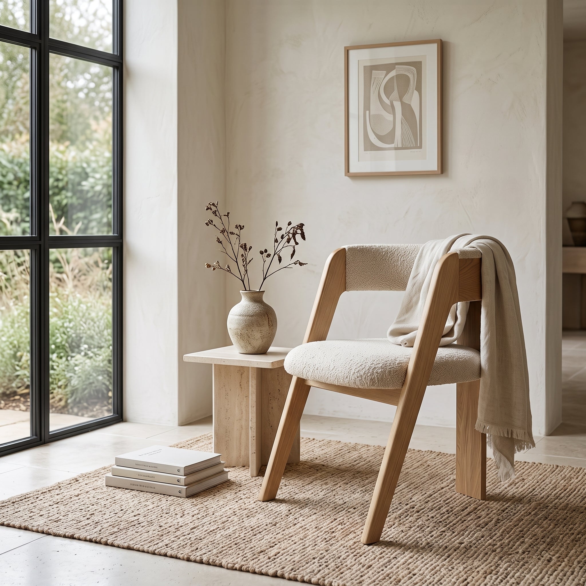 A light natural wood armchair with a textured cream bouclé seat and back, styled in a bright, modern room with a cream throw blanket draped over the arm, next to a small wooden side table.