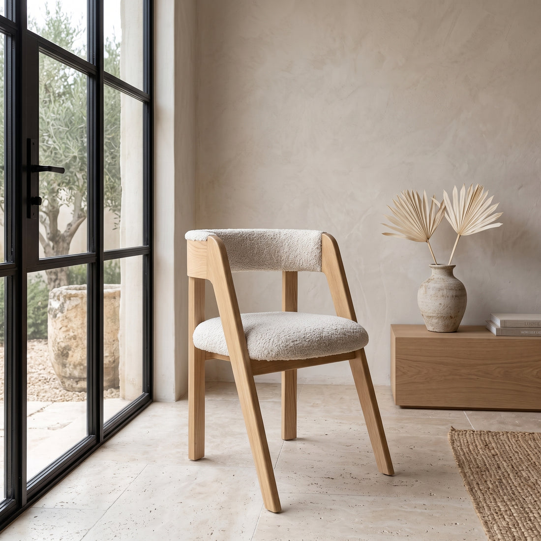 Handcrafted Moroccan Light Oak Boucle Chair