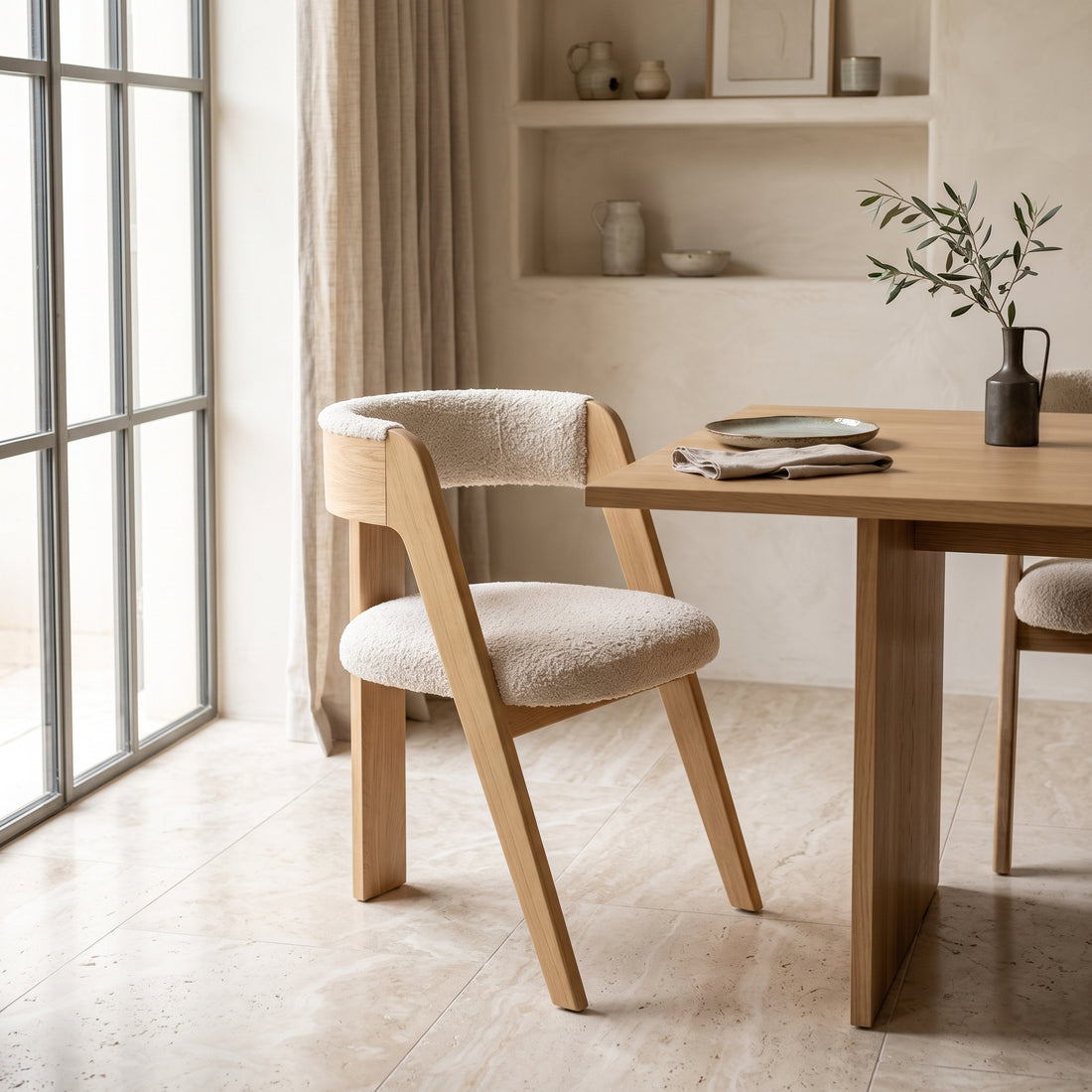 Handcrafted Light Oak Boucle Chair