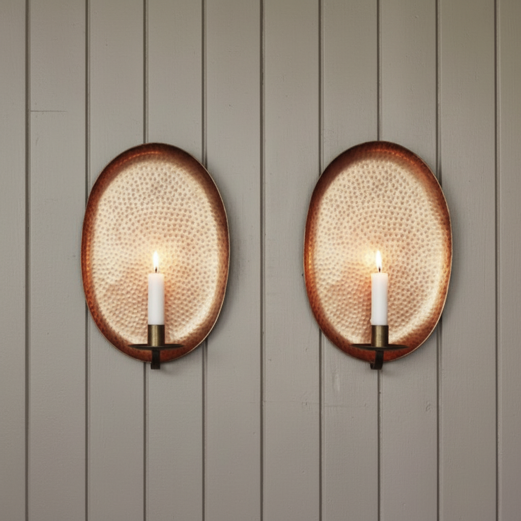 Set of 2 Hammered Copper Wall Sconces – Oval Candle Holders – Rustic Farmhouse Wall Decor
