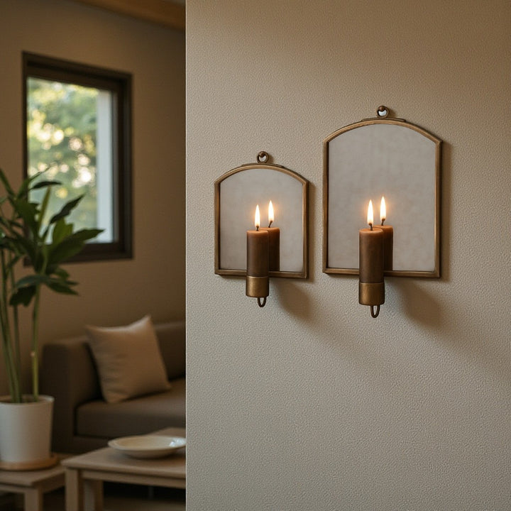 Antique Brass Mirror Wall Sconce, Rustic Candle Holders