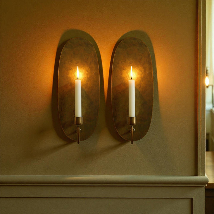 Set of 2 Brass Wall Candle Sconces – Handmade Oval Backplate Taper Candle Holders, Rustic Vintage Brass Sconce Pair, Warm Ambient Wall Decor