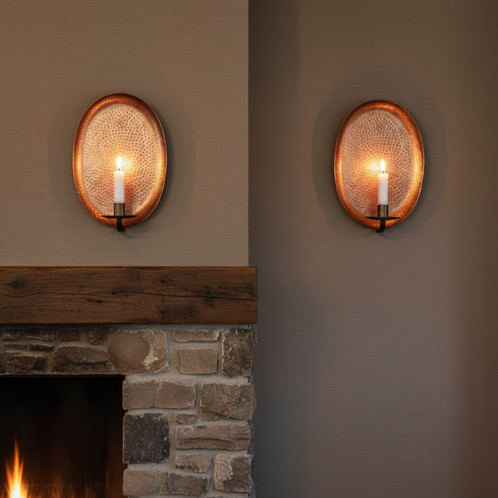 Set of 2 Hammered Copper Wall Sconces – Oval Candle Holders – Rustic Farmhouse Wall Decor