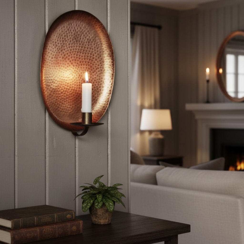 Set of 2 Hammered Copper Wall Sconces – Oval Candle Holders – Rustic Farmhouse Wall Decor