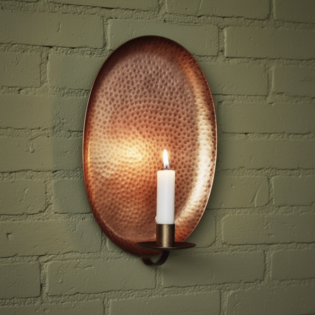 Set of 2 Hammered Copper Wall Sconces – Oval Candle Holders – Rustic Farmhouse Wall Decor