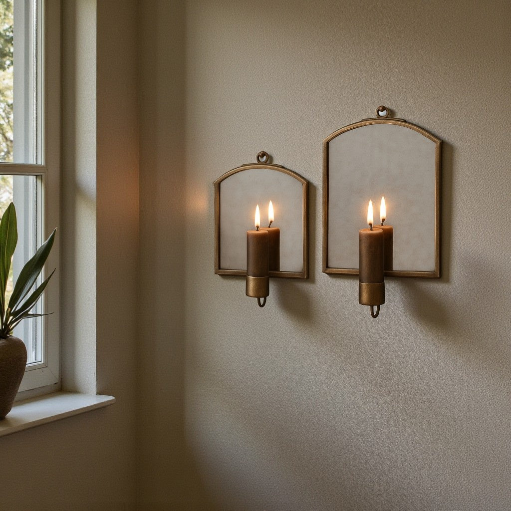 Antique Brass Mirror Wall Sconce, Rustic Candle Holders