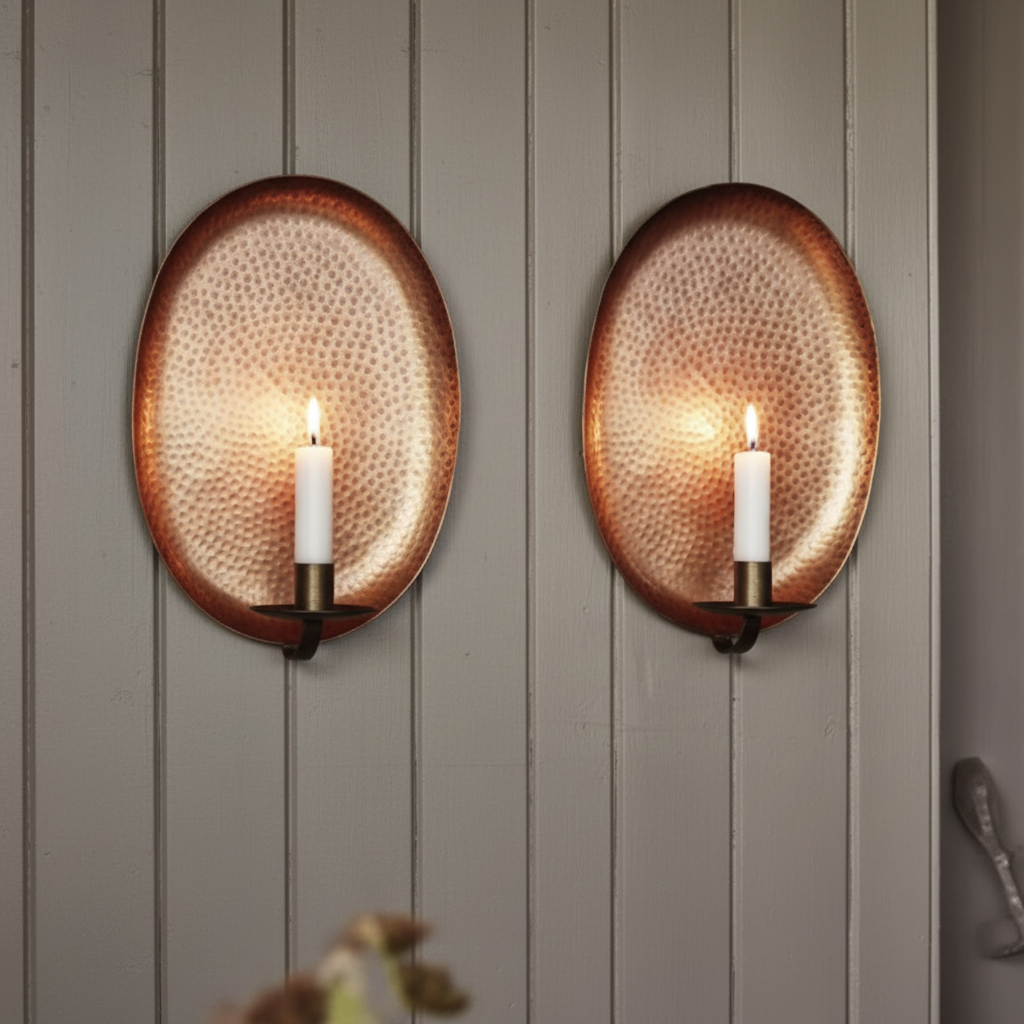 Set of 2 Hammered Copper Wall Sconces – Oval Candle Holders – Rustic Farmhouse Wall Decor
