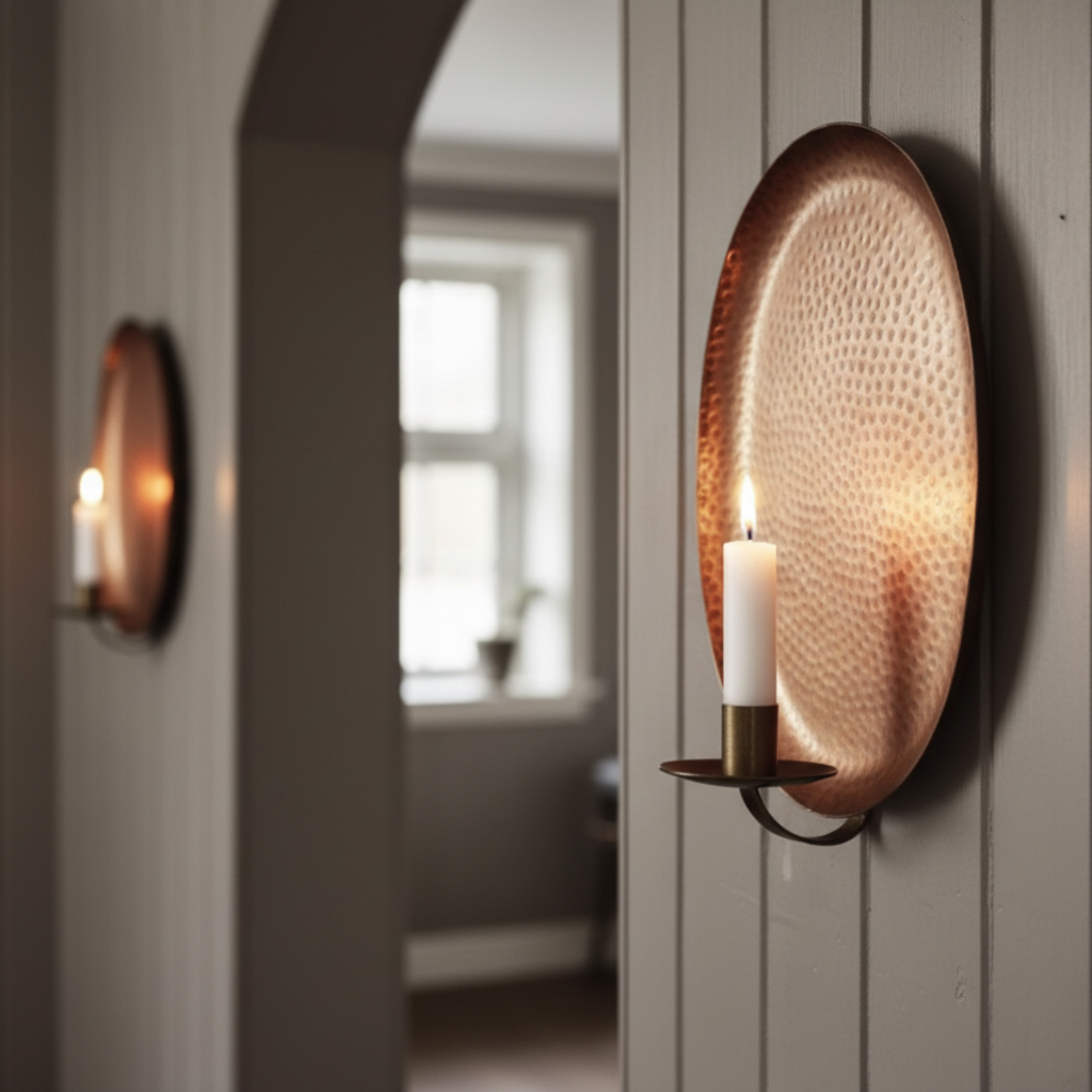 Set of 2 Hammered Copper Wall Sconces – Oval Candle Holders – Rustic Farmhouse Wall Decor