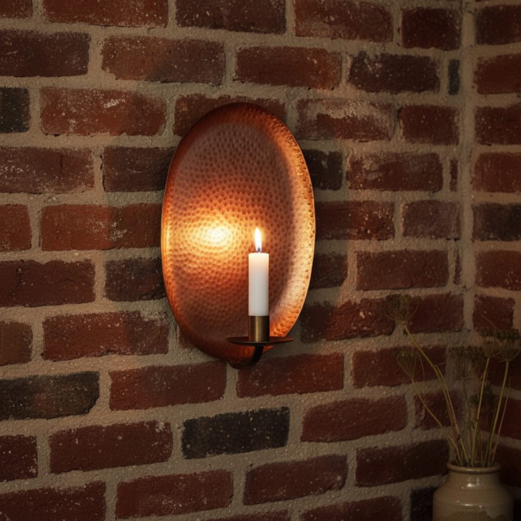 Set of 2 Hammered Copper Wall Sconces – Oval Candle Holders – Rustic Farmhouse Wall Decor