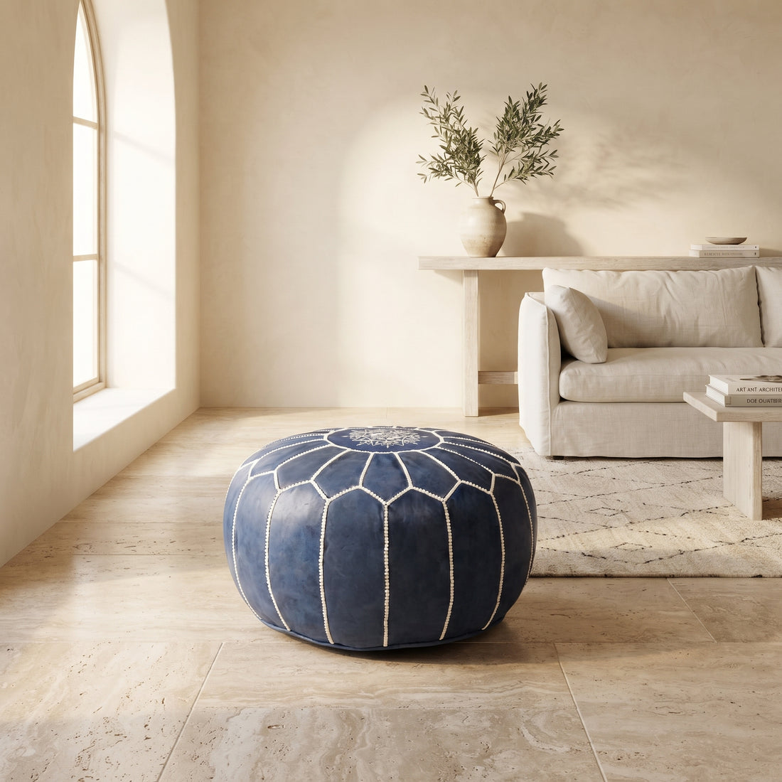  Blue Leather Pouf