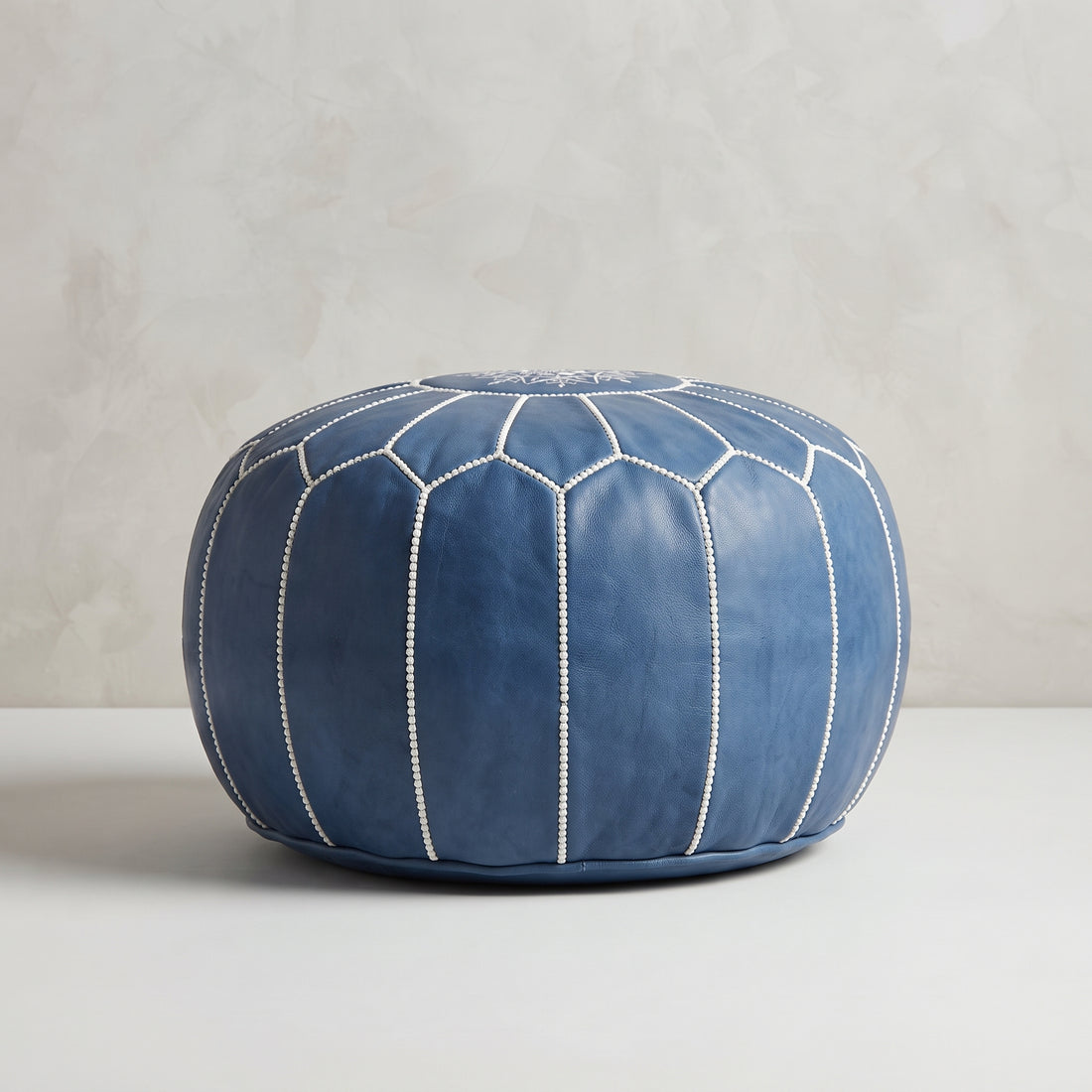  Moroccan Blue Leather Pouf
