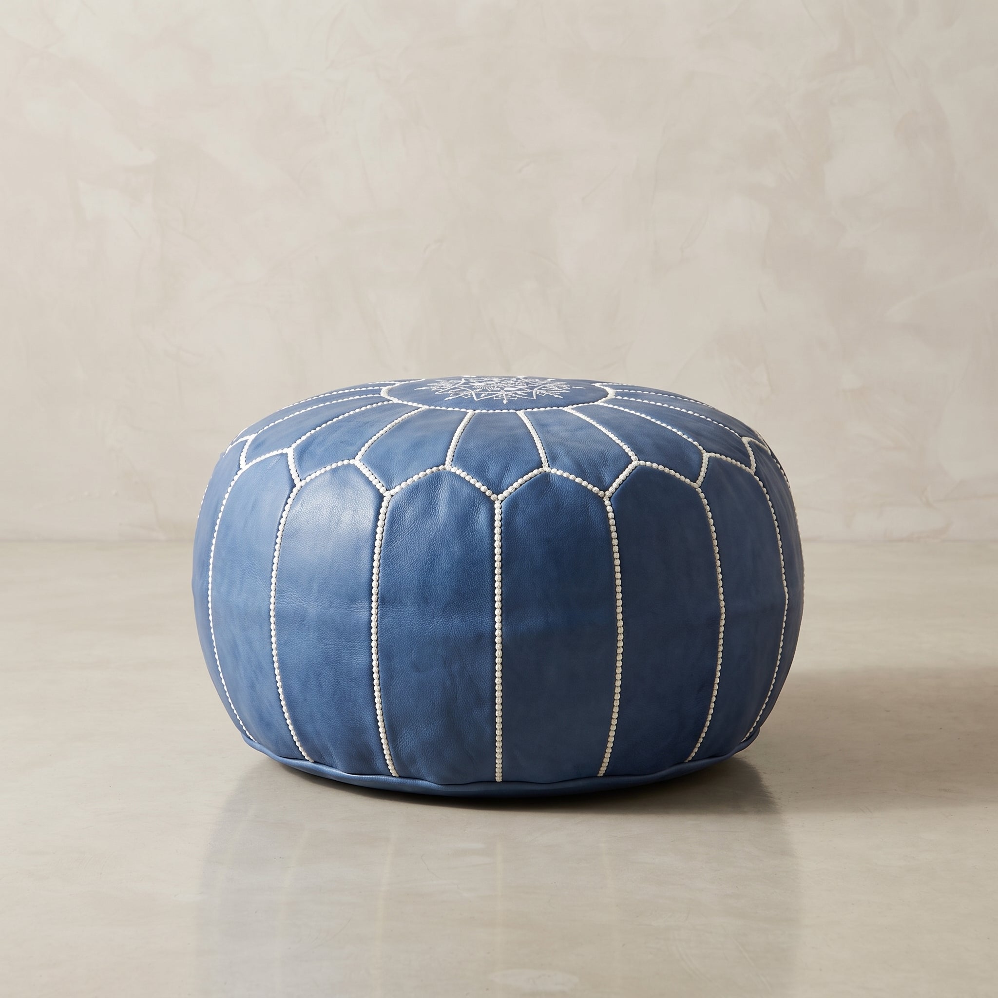 Handcrafted Moroccan Blue Leather Pouf