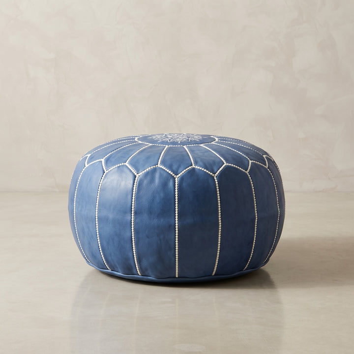 Handcrafted Moroccan Blue Leather Pouf