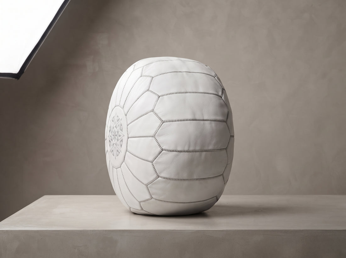 Handcrafted White Leather Pouf