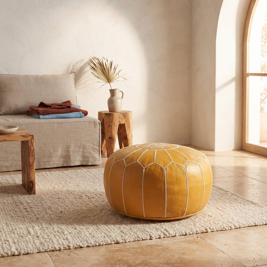 Handcrafted Mustard Yellow Leather Pouf