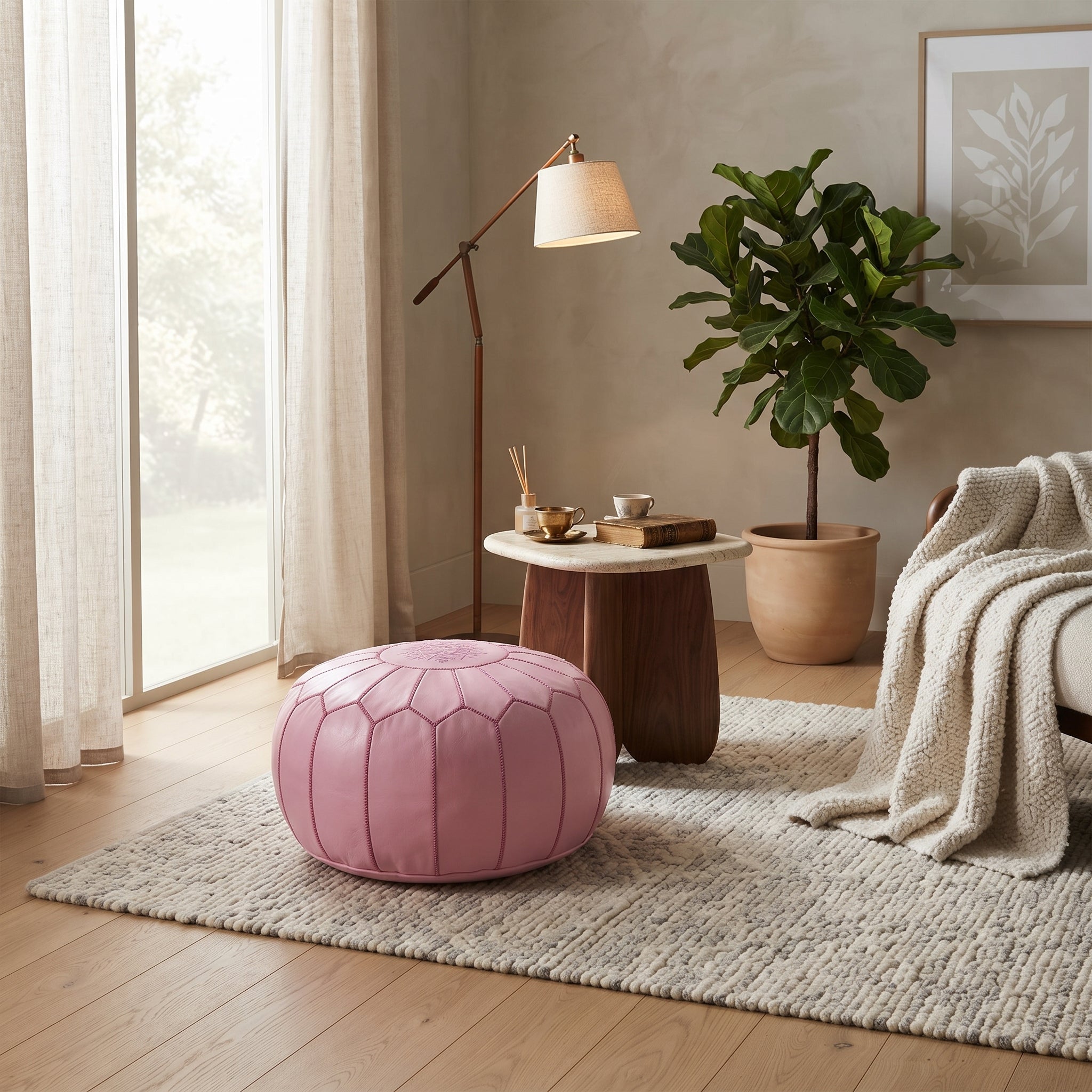Handcrafted Pink Leather Pouf   