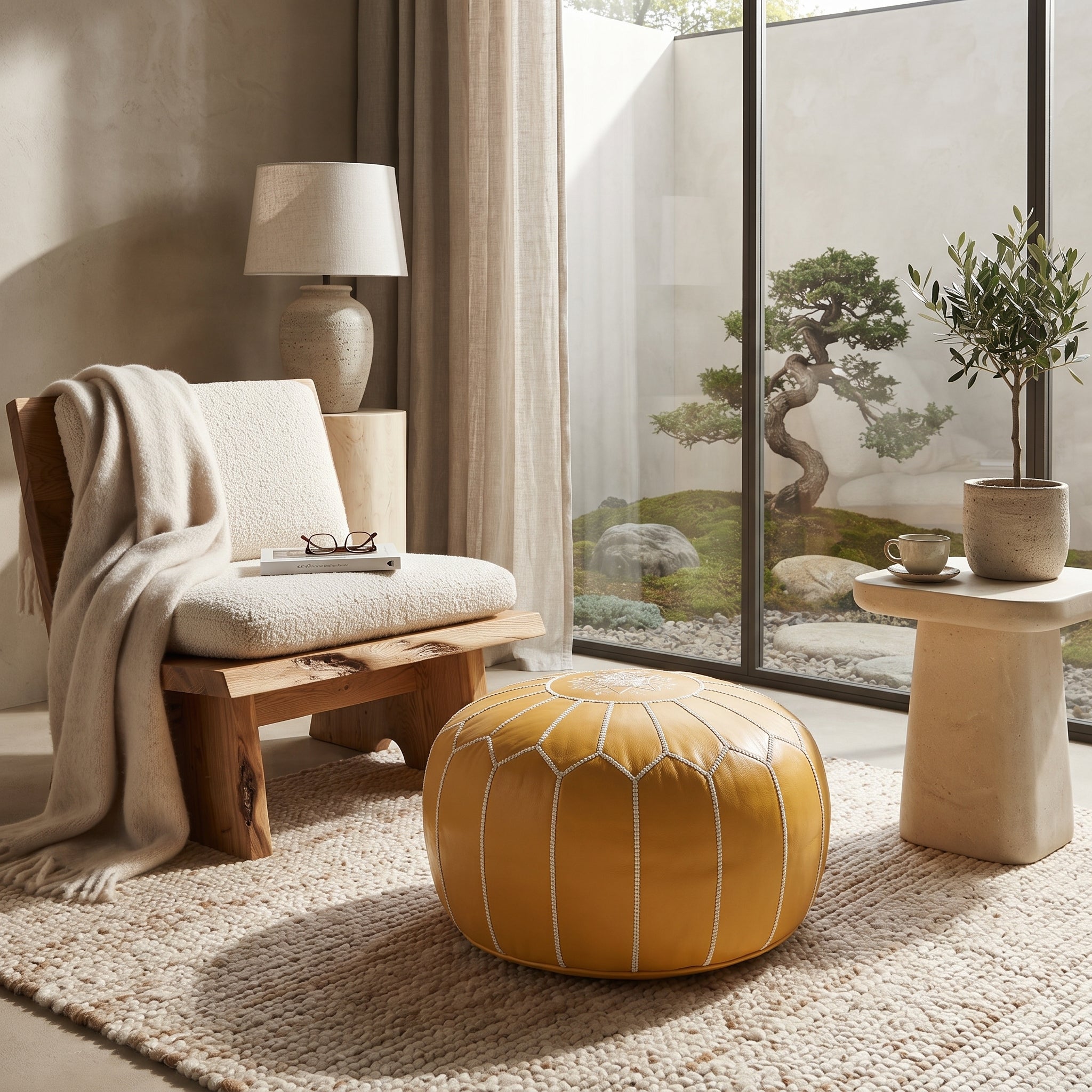 Moroccan Mustard Yellow Leather Pouf