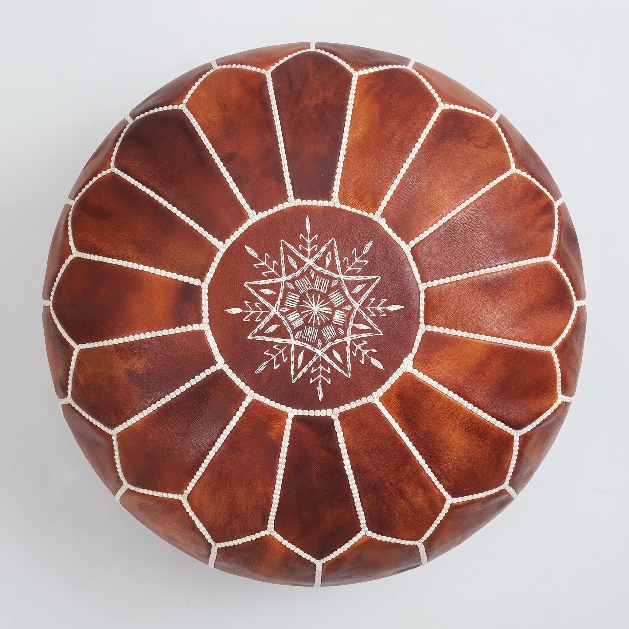 Handcrafted Moroccan Cognac Brown Leather Pouf