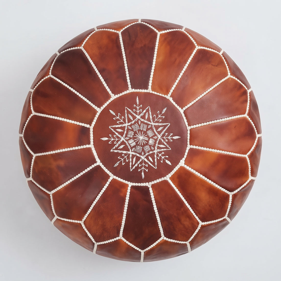 Handcrafted Moroccan Cognac Brown Leather Pouf