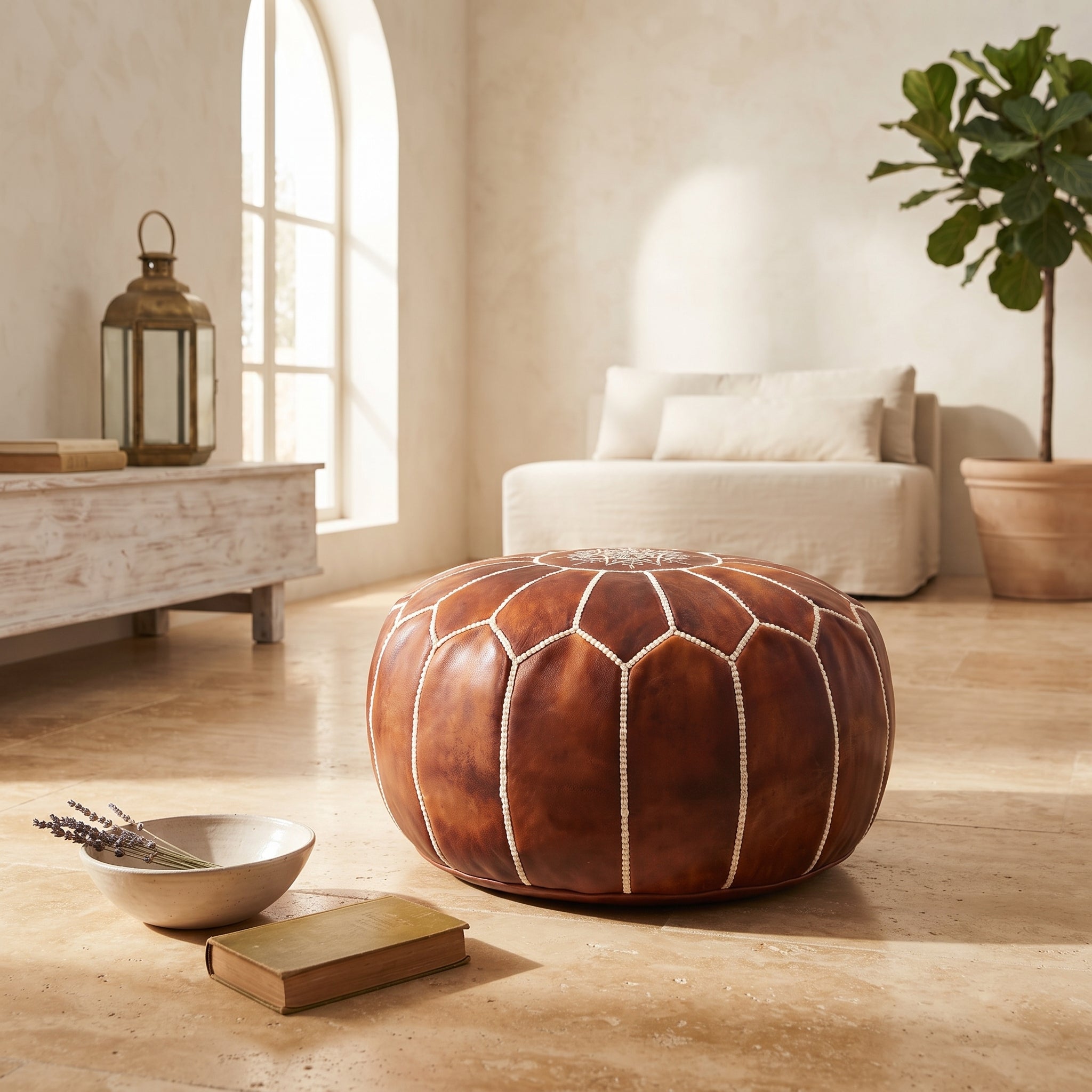  Cognac Brown Leather Pouf
