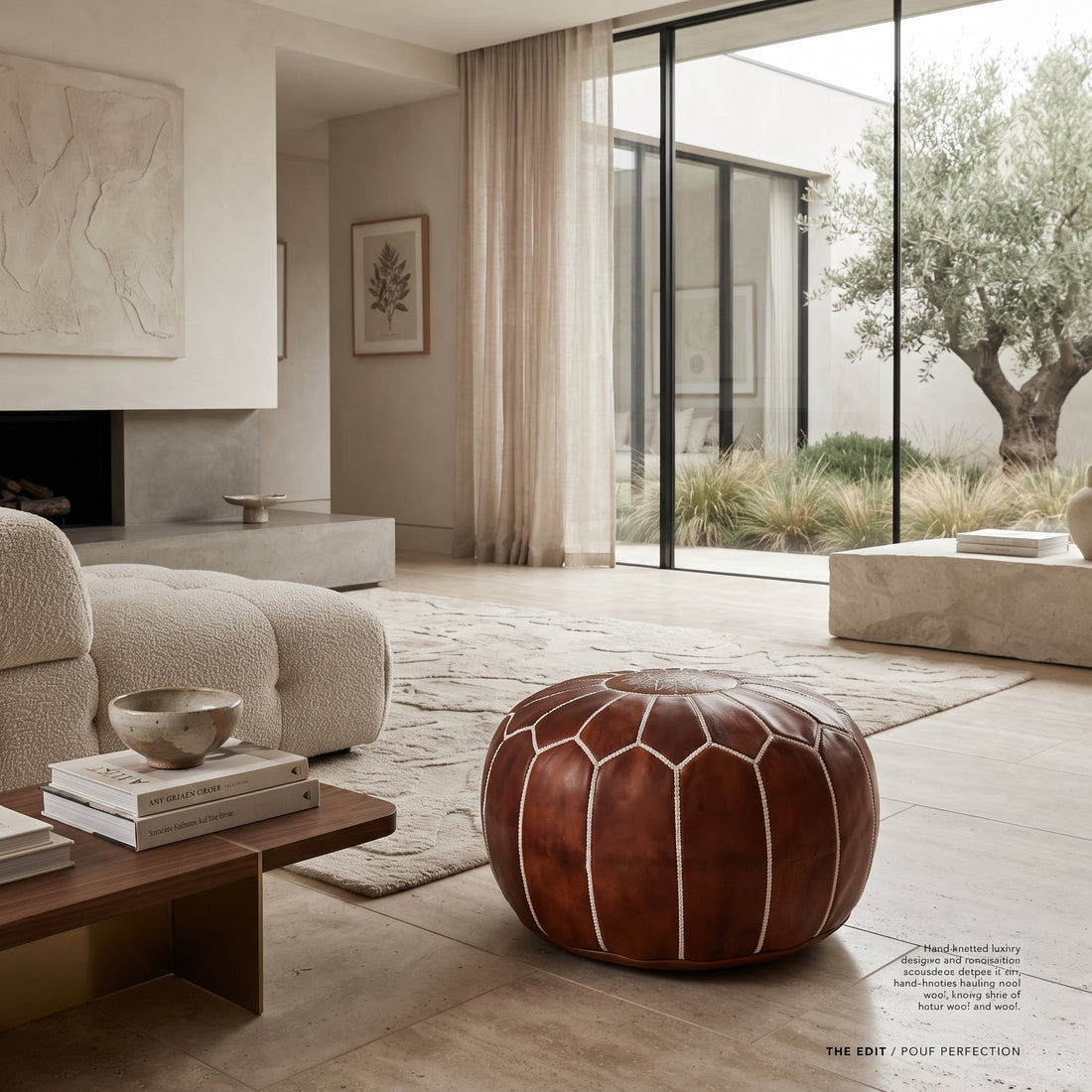  Cognac Brown Leather Pouf