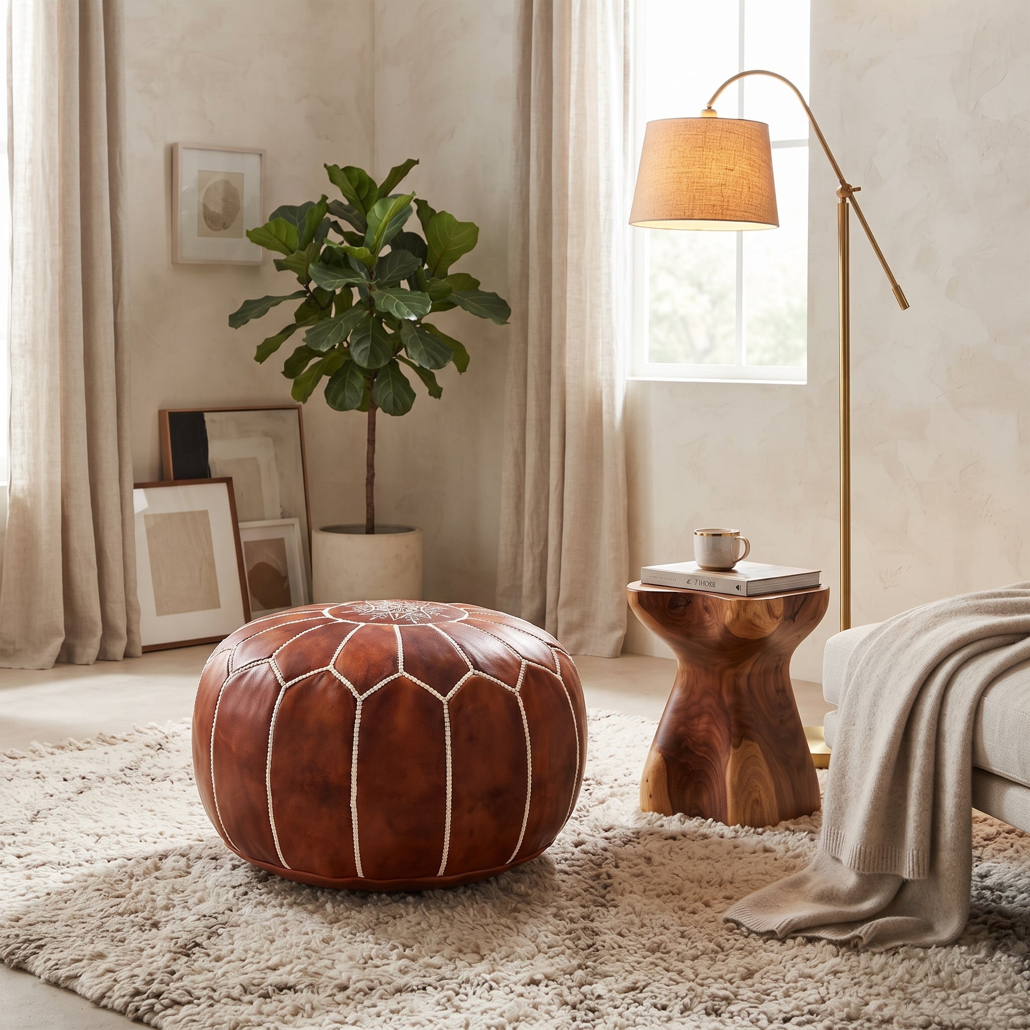 Handcrafted Moroccan Cognac Brown Leather Pouf