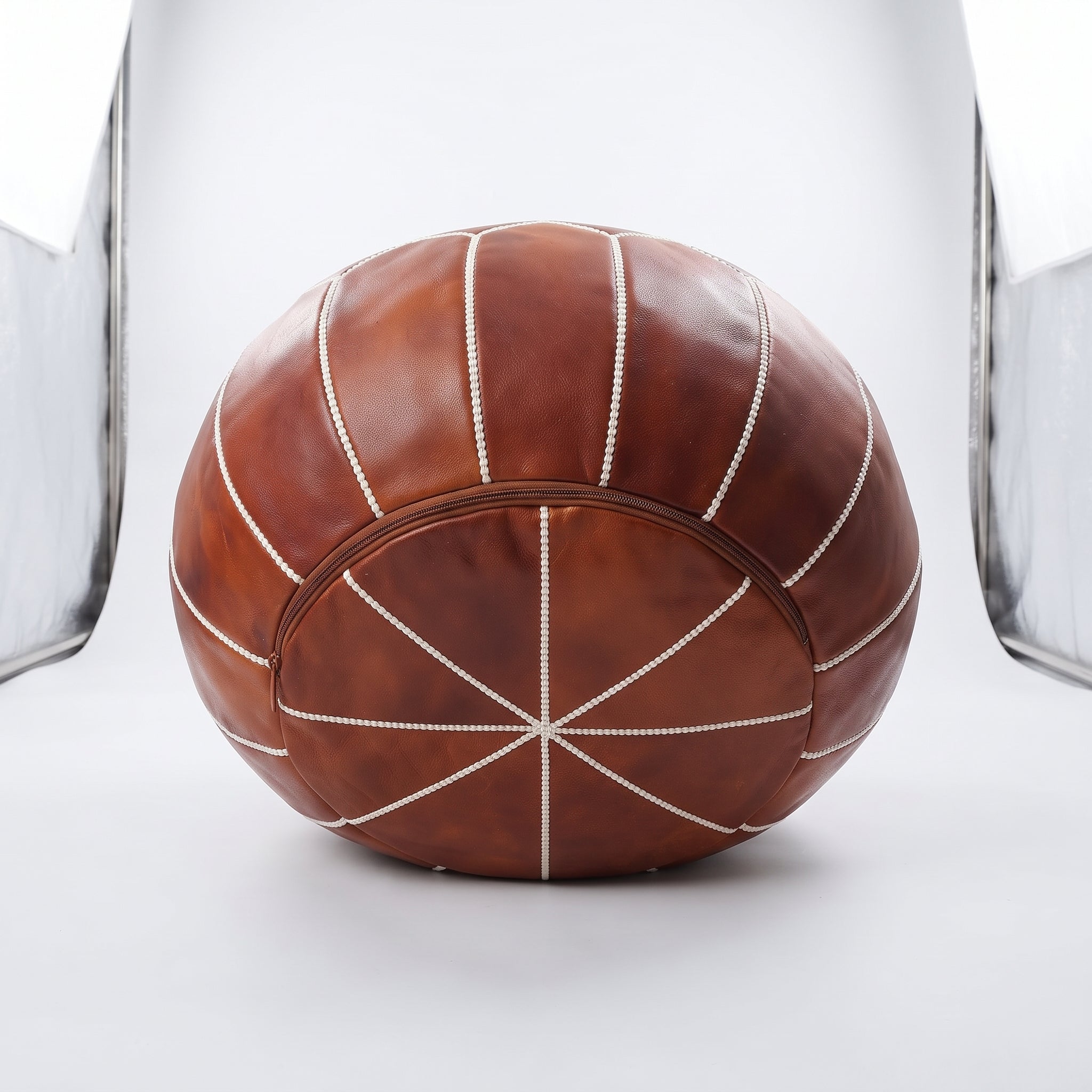 Moroccan Cognac Brown Leather Pouf