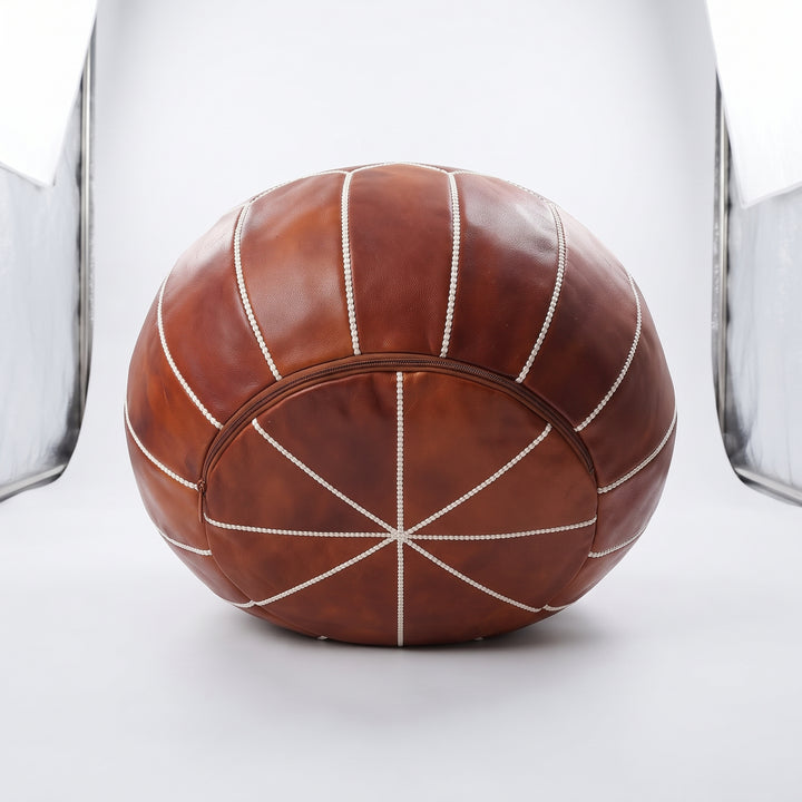 Moroccan Cognac Brown Leather Pouf