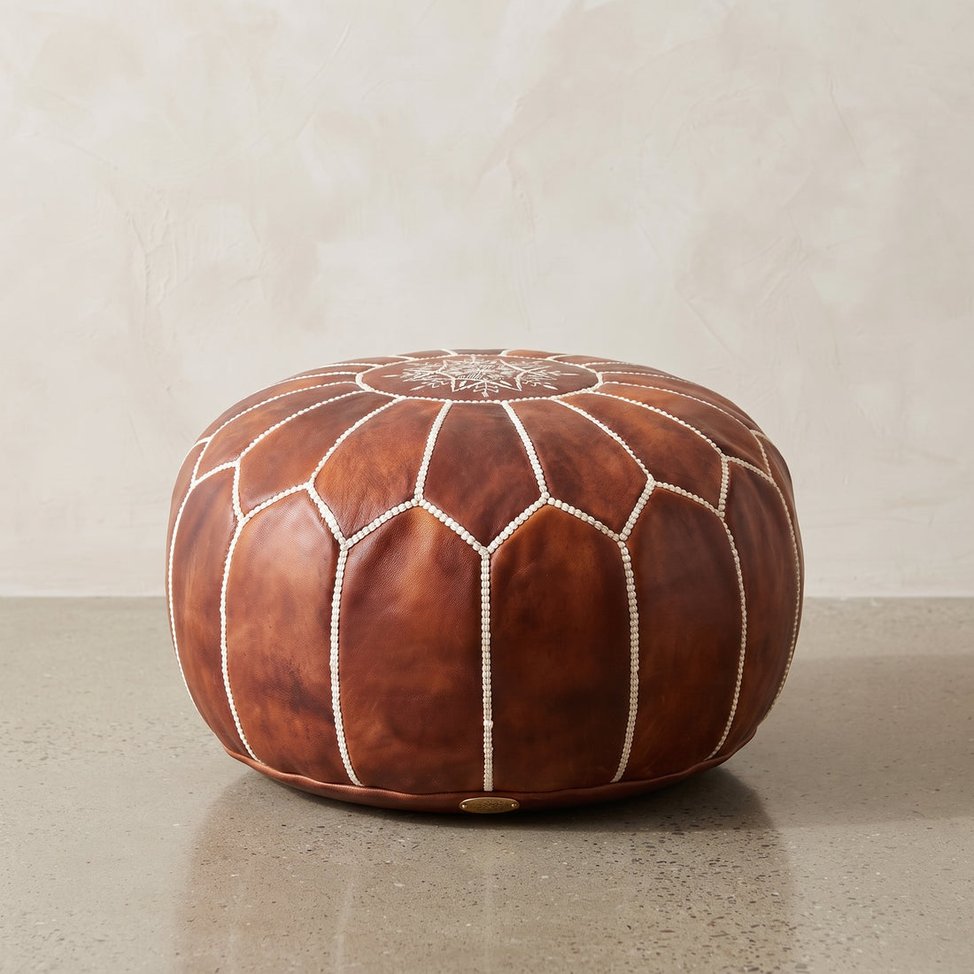 Handcrafted Cognac Brown Leather Pouf