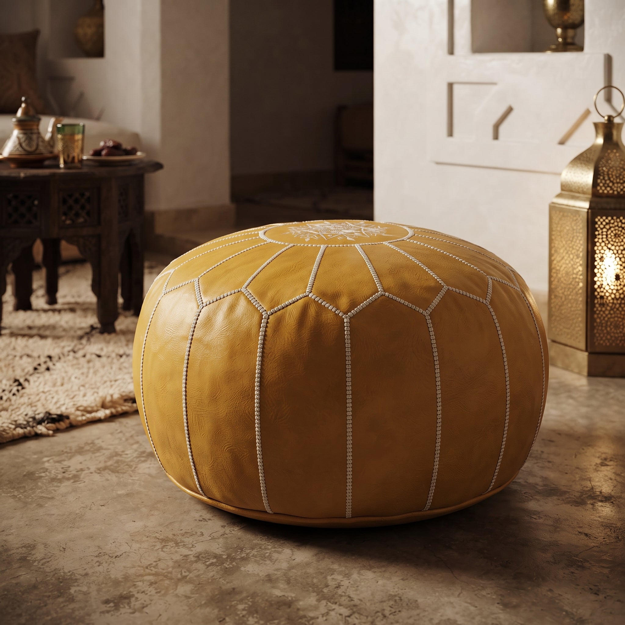 Mustard Yellow Leather Pouf