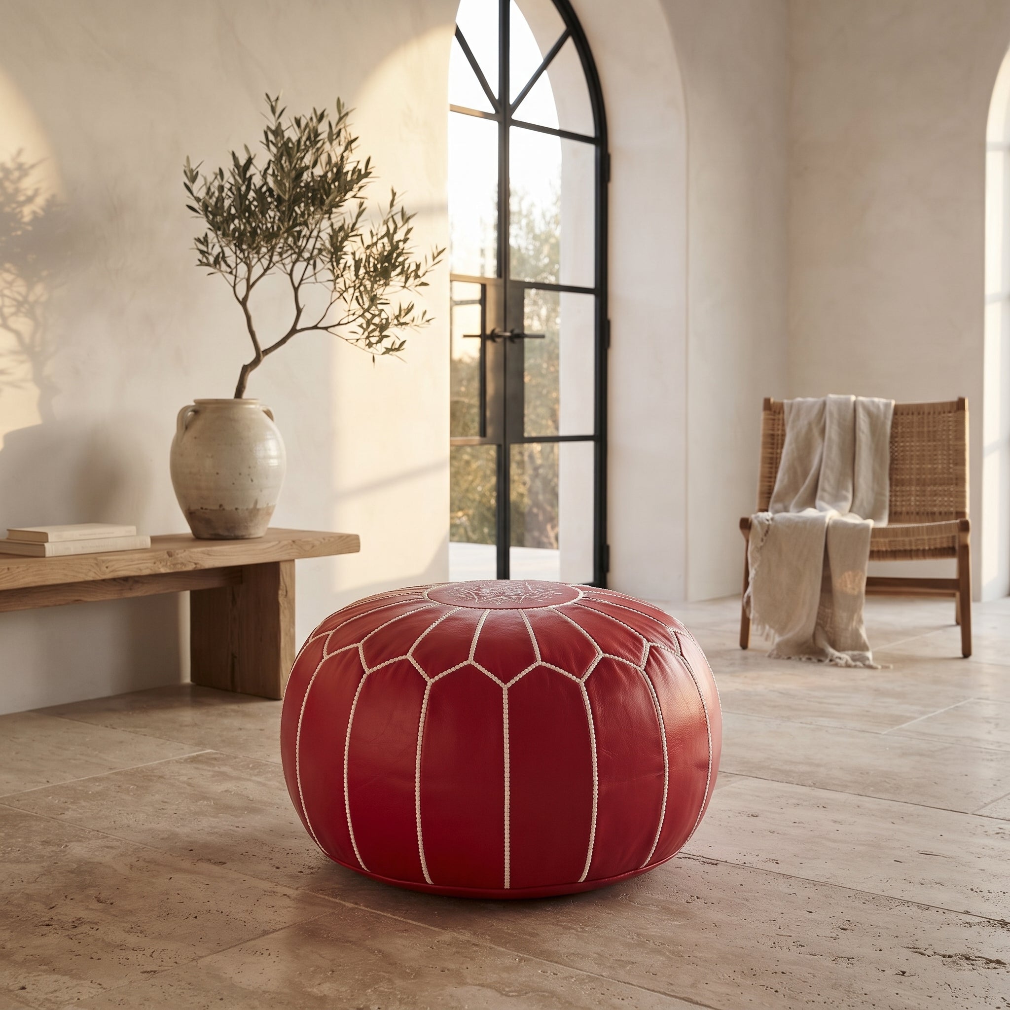  Red Leather Pouf
