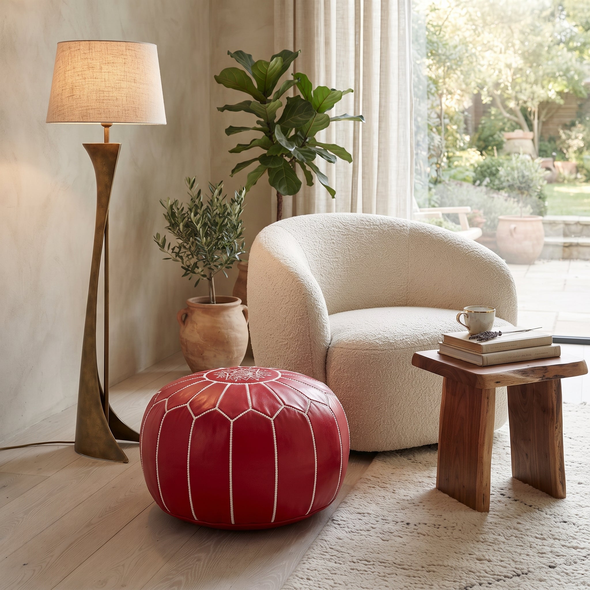 Handcrafted Red Leather Pouf