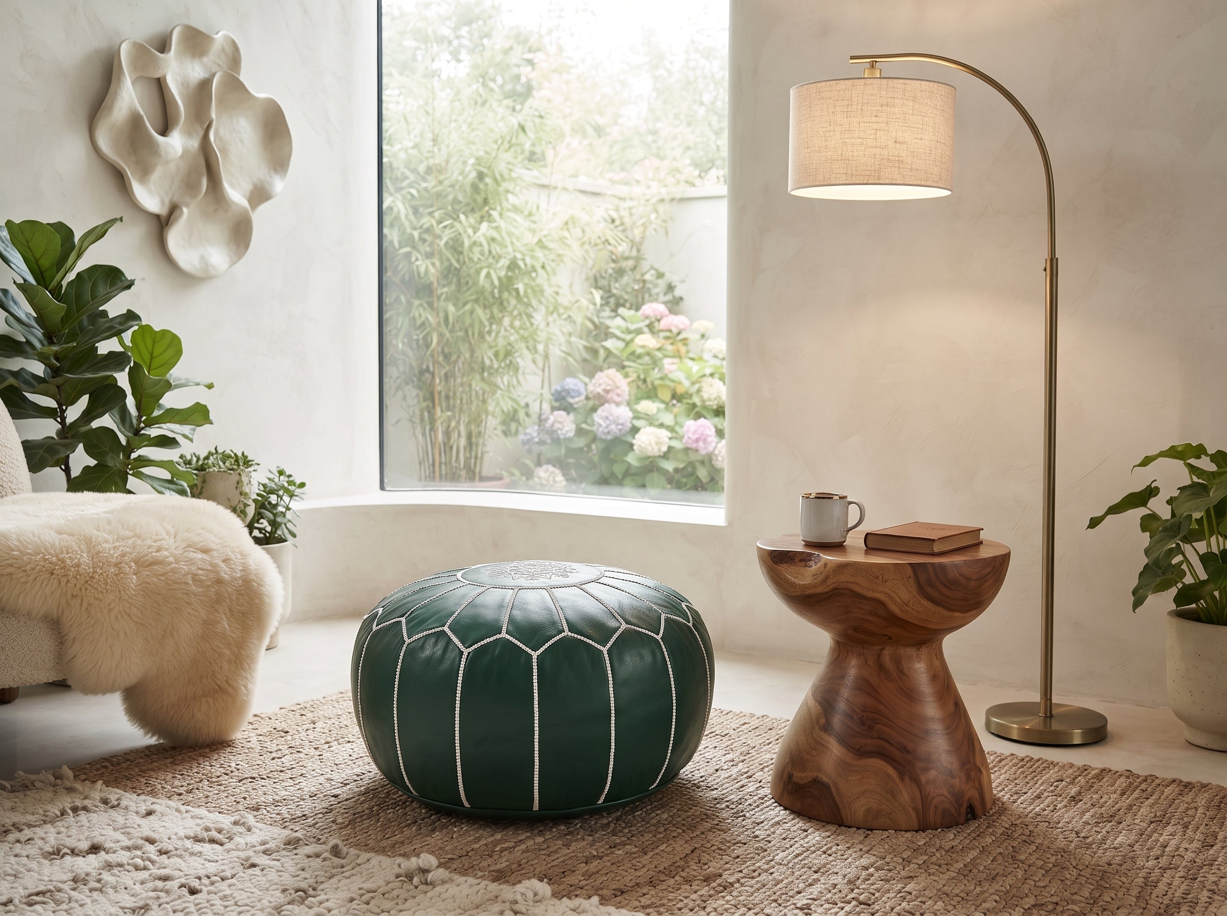  Emerald Green Leather Pouf