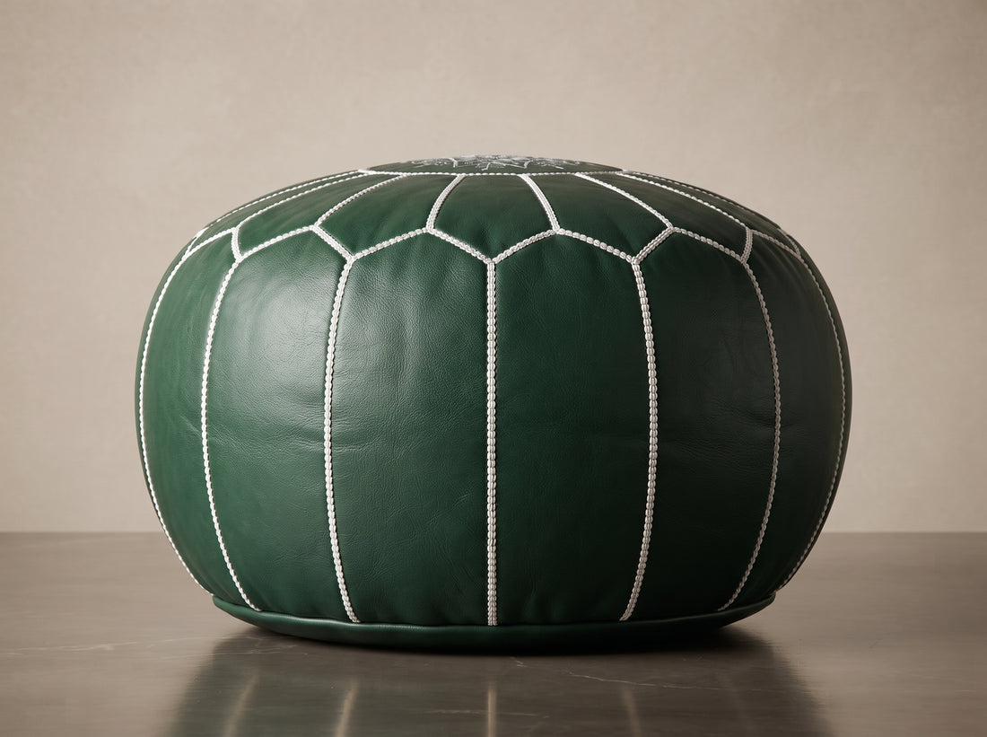 Moroccan Emerald Green Leather Pouf