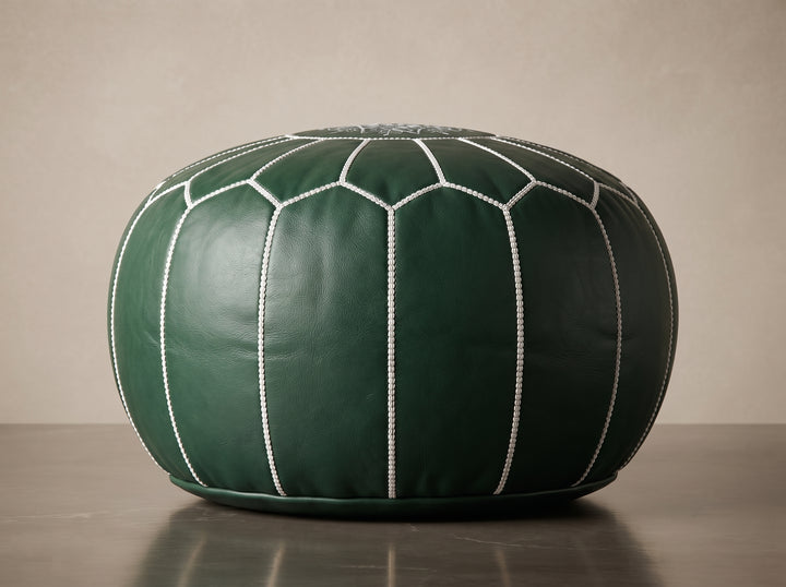 Moroccan Emerald Green Leather Pouf
