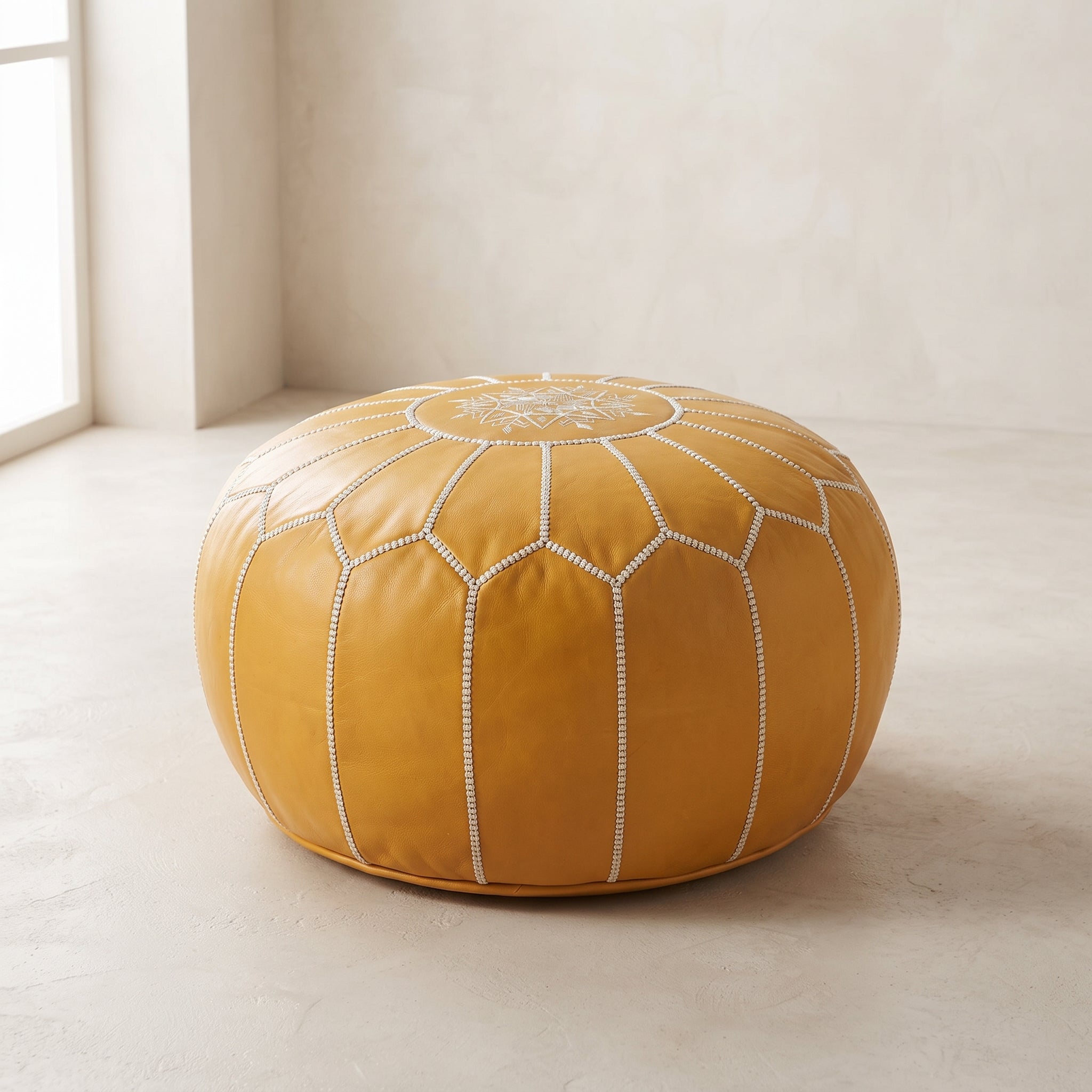 Handcrafted Moroccan Mustard Leather Pouf