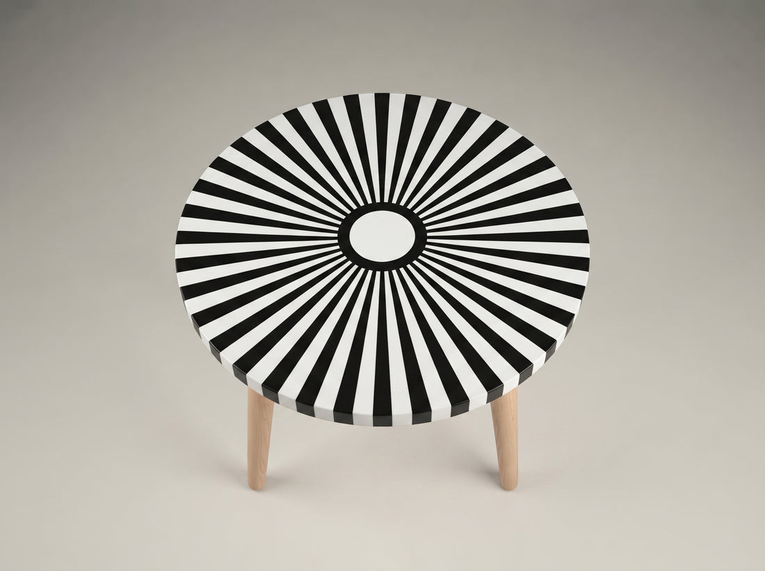 A round accent table with a black and white radial striped pattern on the top and three light wood legs, shown against a neutral gray background.
