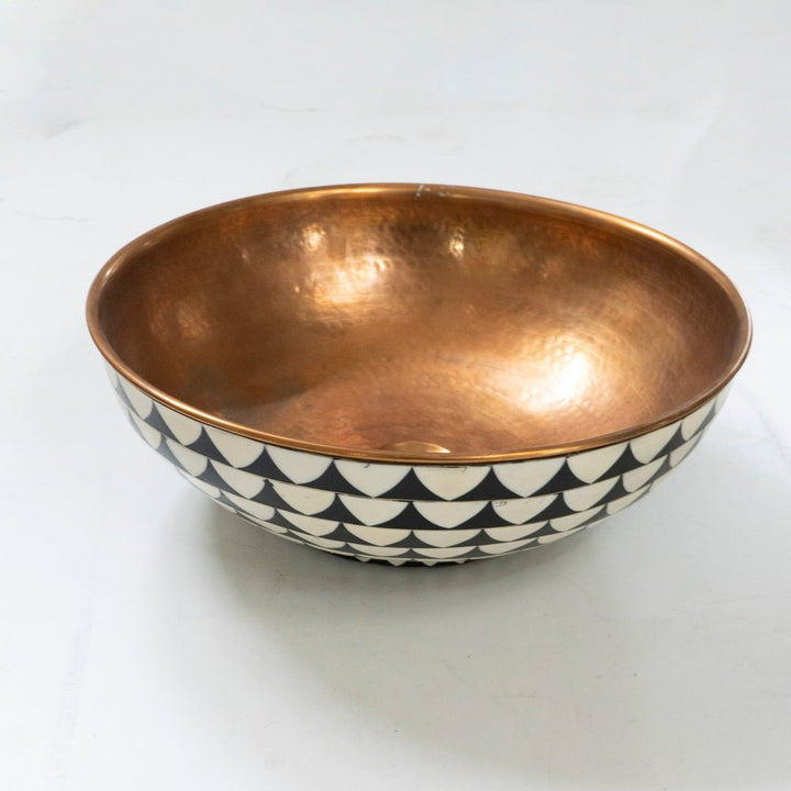 copper vessel sink basin and wood base for rustic and modern bathroom decor